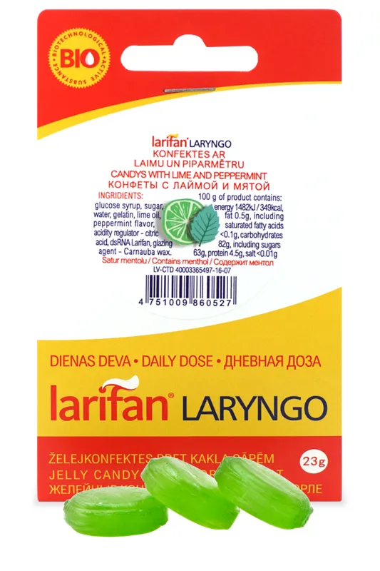 Produktas LARIFAN Laryngo mėtų ir žaliosios citrinos skonio guminukai, 23 g Paveikslėlis