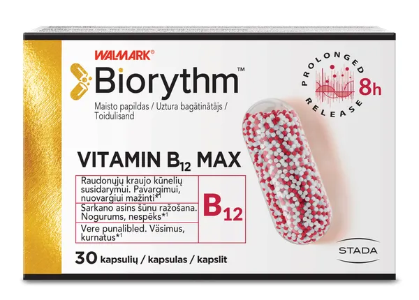 Produktas BIORYTHM VITAMIN B12 MAX  (prailginto veikimo vitaminas B12) kapsulės, 30 vnt. Paveikslėlis