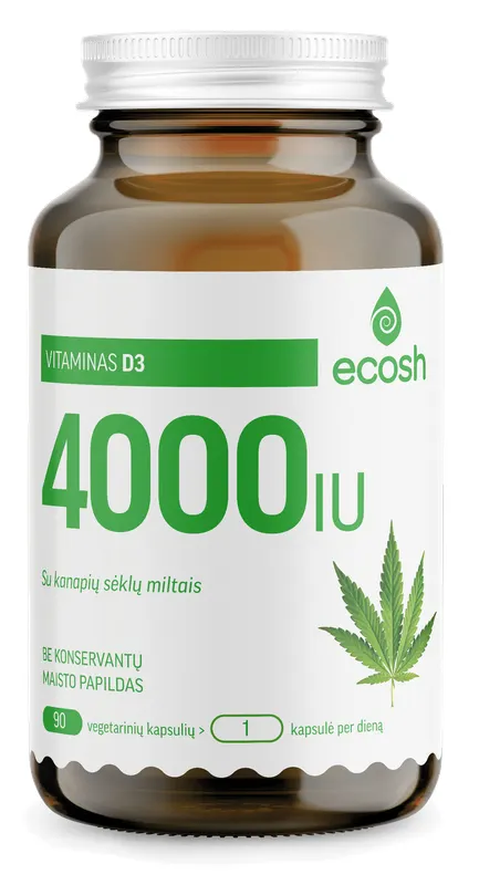 Produktas ECOSH Vitaminas D3 4000IU, su kanapių sėklų miltais kapsulės, 90 vnt. Paveikslėlis