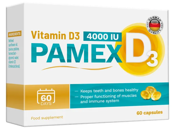 Produktas VITAMIN D3 Pamex 4000 IU kapsulės, 60 vnt. Paveikslėlis