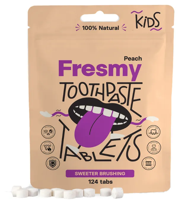 Produktas FRESMY Persikų skonio, vaikams dantų pastos tabletės, 124 vnt. Paveikslėlis