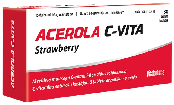 Produktas VITABALANS Acerola C-Vita Strawberry kramtomosios tabletės, 30 vnt. Paveikslėlis