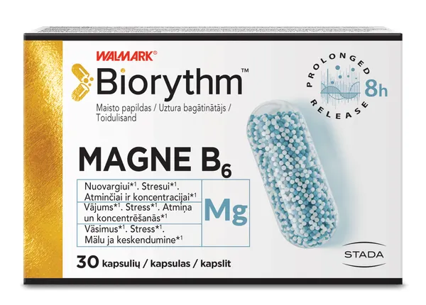 Produktas BIORYTHM MAGNE B6 (prailginto veikimo Magnis su B6) kapsulės, 30 vnt. Paveikslėlis
