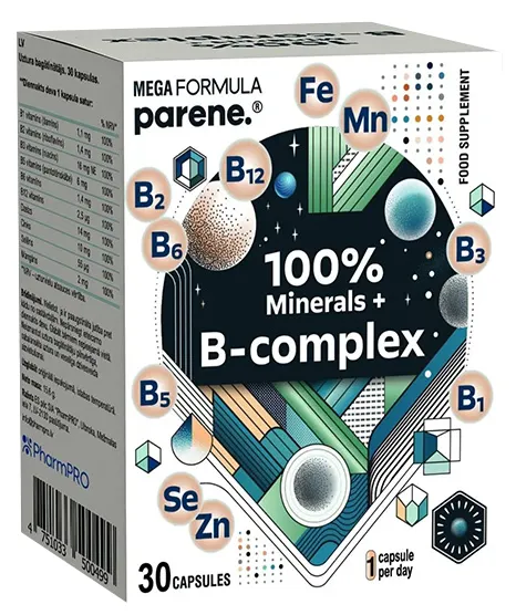 Produktas PARENE Mega 100 % Minerals + B-Complex kapsulės, 30 vnt. Paveikslėlis