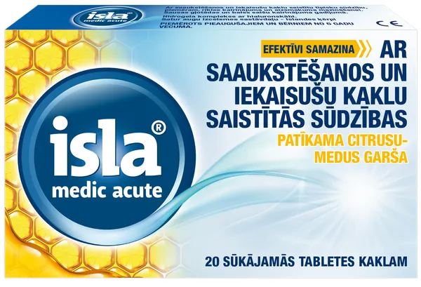 Produktas ISLA Medic Acute citrusų-medaus skonio čiulpiamosios pastilės, 20 vnt. Paveikslėlis