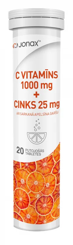 Produktas JONAX C VITAMINAS 1000 mg + CINKAS 25 mg šnypščiosios tabletės, 20 vnt. Paveikslėlis