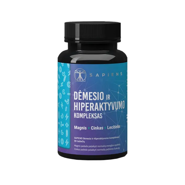 Produktas SAPIENS dėmesio ir hiperaktyvumo kontrolei dengtos tabletės, 90 vnt. Paveikslėlis