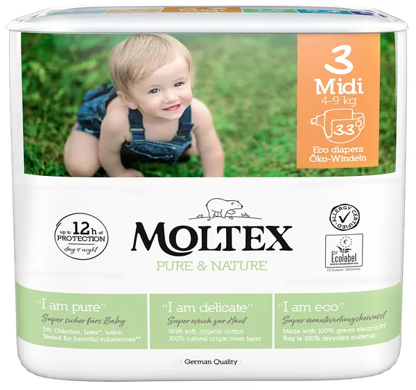 Produktas MOLTEX Pure & Nature 3 Midi sauskelnės, 33 vnt. Paveikslėlis