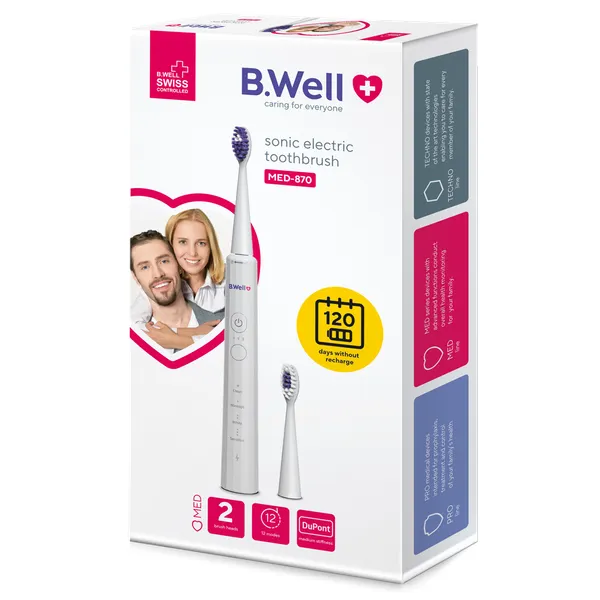 Produktas B.WELL Med-870 Sonic, White elektrinis dantų šepetėlis, 1 vnt. Paveikslėlis