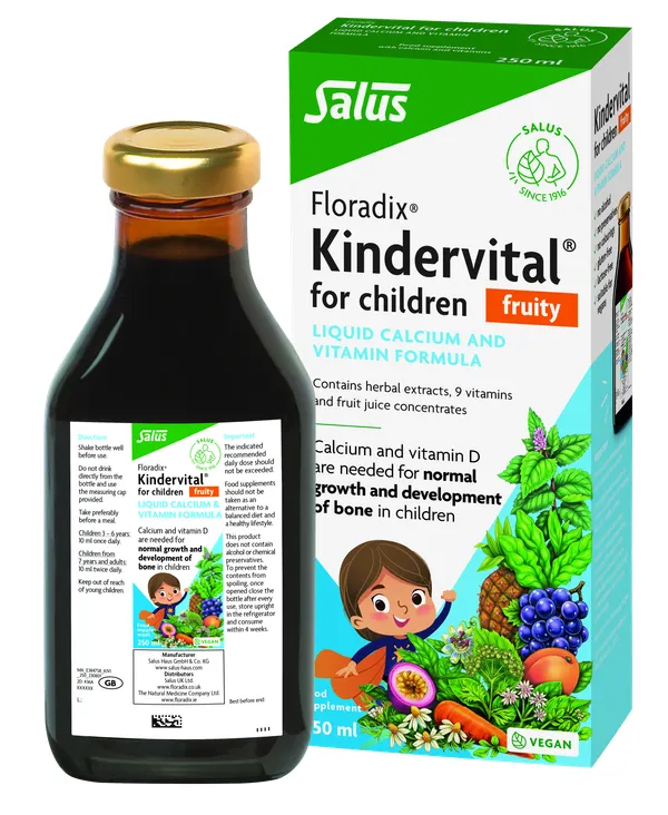 Produktas FLORADIX   Kindervital fruity skysta kalcio ir vitamino D formulė, skystis, 250 ml Paveikslėlis