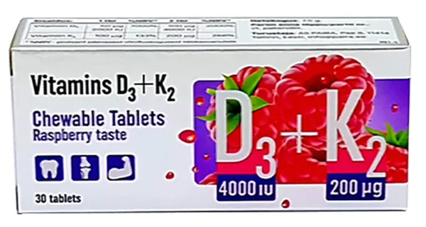 Produktas PHARMPRO Vitamin D3+K2 kramtomosios tabletės, 30 vnt. Paveikslėlis