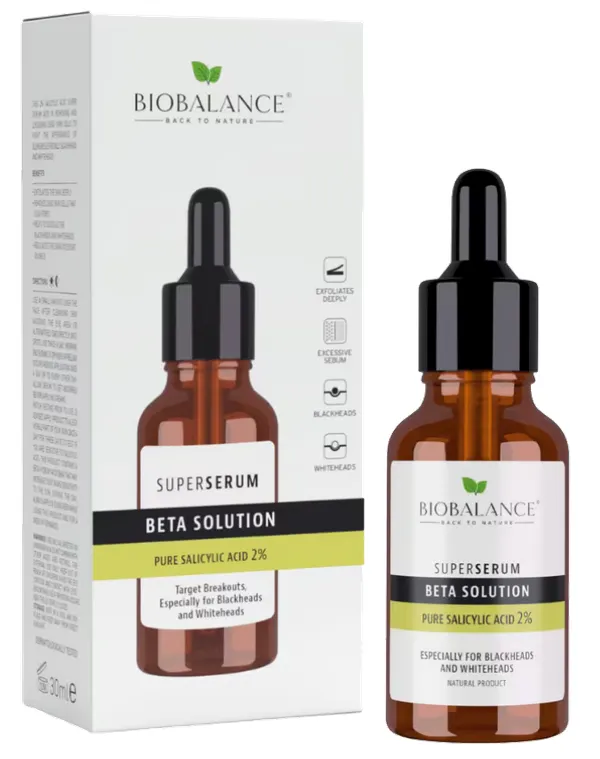 Produktas BIOBALANCE Beta Solution Pure Saliciylic Acid 2 % inkštirams, spuogeliams serumas, 30 ml Paveikslėlis