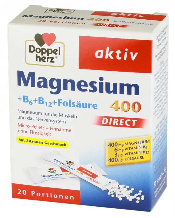Produktas DOPPELHERZ Aktiv Magnesium 400 + B6 + B12 + Folsäure Direct paketėliai, 20 vnt. Paveikslėlis