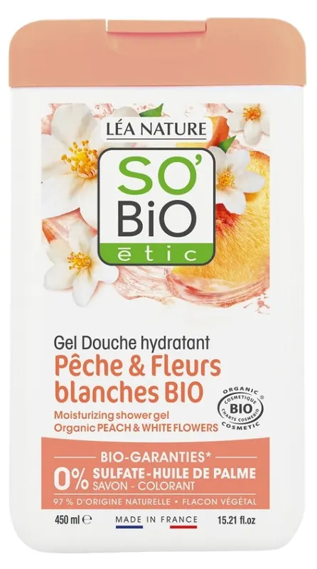 Produktas SO BIO ETIC švelnaus persikų ir baltųjų gėlių aromato dušo gelis, 450 ml Paveikslėlis