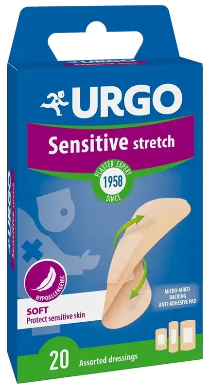 Produktas URGO  Sensitive Stretch elastinis tvarstis, 20 vnt. Paveikslėlis