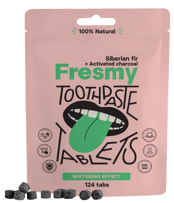 Produktas FRESMY  sibirinių kėnių ir aktyvintos anglies dantų pastos tabletės, 124 vnt. Paveikslėlis