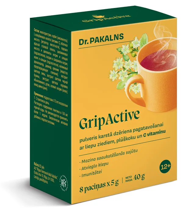 Produktas DR. PAKALNS Gripactive su liepų žiedais, šeivamedžiu ir vitaminu C paketėliai, 8 vnt. Paveikslėlis