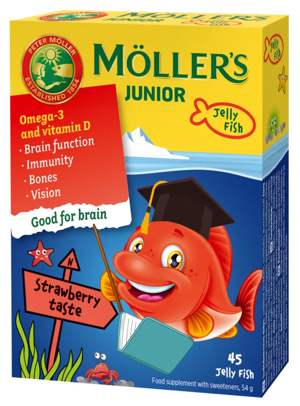Produktas MOLLERS Junior braškių–aviečių skonio, žuvų taukų guminukai-žuvytės, 45 vnt. Paveikslėlis