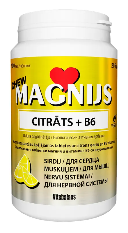 Produktas VITABALANS Magnijs Citrāts 375 mg + B6 Chew kramtomosios tabletės, 100 vnt. Paveikslėlis