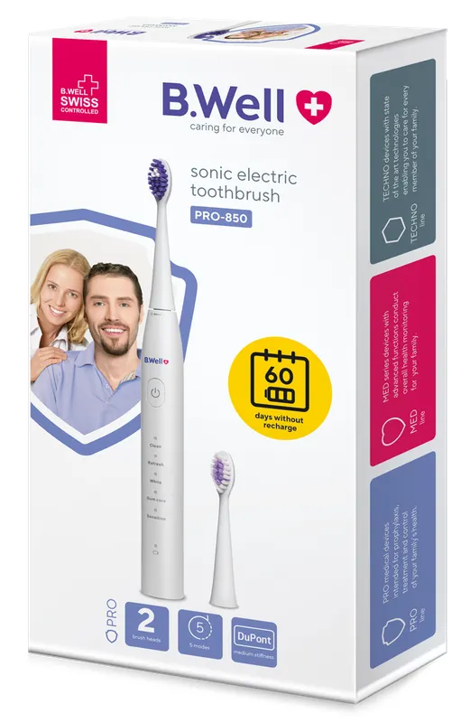 Produktas B.WELL Pro-850 Sonic, White elektrinis dantų šepetėlis, 1 vnt. Paveikslėlis