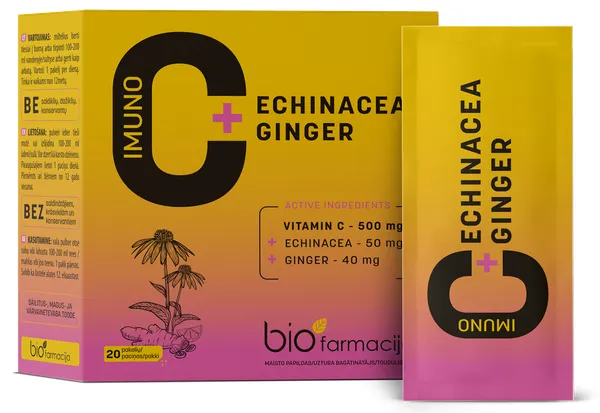 Produktas BIOFARMACIJA Imuno C+Echinacea+Ginger, imunitetui ir kvėpavimo takams milteliai, 20 vnt. Paveikslėlis