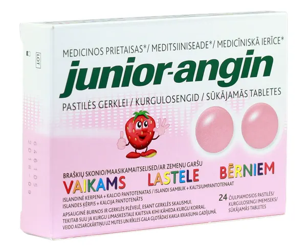 Produktas JUNIOR-ANGIN braškių skonio čiulpiamosios pastilės, 24 vnt. Paveikslėlis