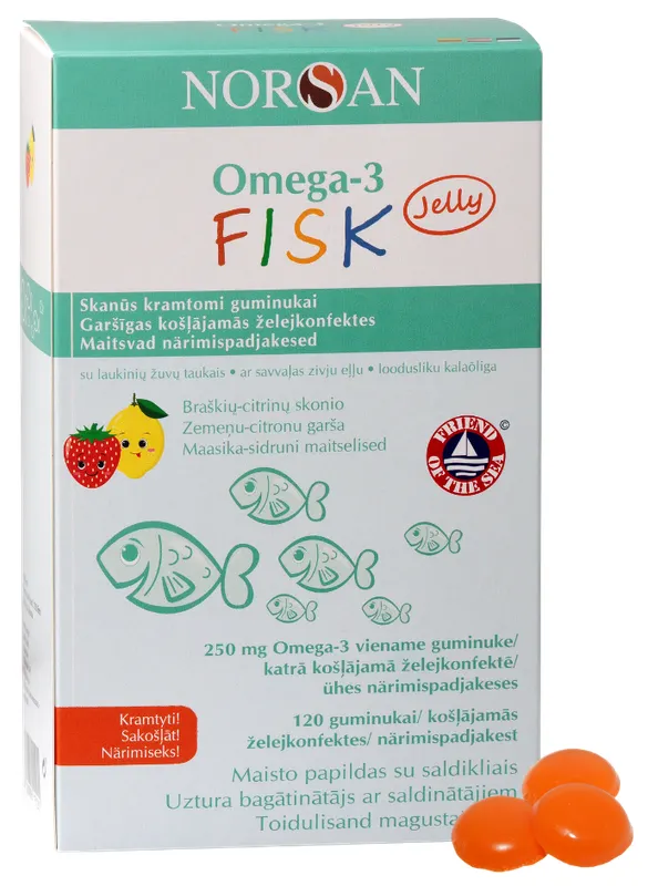 Produktas NORSAN Omega-3, braškių ir citrinų skonio guminukai, 120 vnt. Paveikslėlis