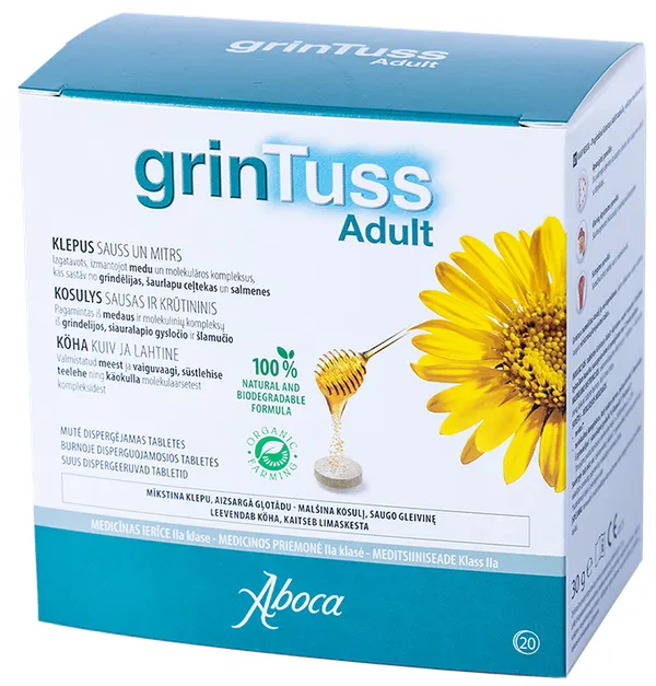 Produktas GRINTUSS sausam ir šlapiam kosuliui čiulpiamosios pastilės, 20 vnt. Paveikslėlis