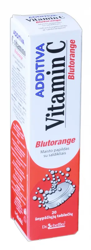 Produktas ADDITIVA Vitamin C, raudonųjų apelsinų skonio šnypščiosios tabletės, 20 vnt. Paveikslėlis