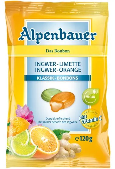 Produktas ALPENBAUER BIO Ingwer-Limette-Orange, su imbiero ekstraktu, laimu saldainiai, 120 g Paveikslėlis
