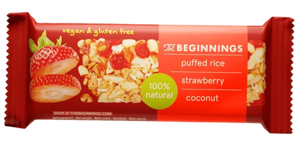 Produktas THE BEGINNINGS dribsnių ir  braškių skonio batonėlis, 20 g Paveikslėlis