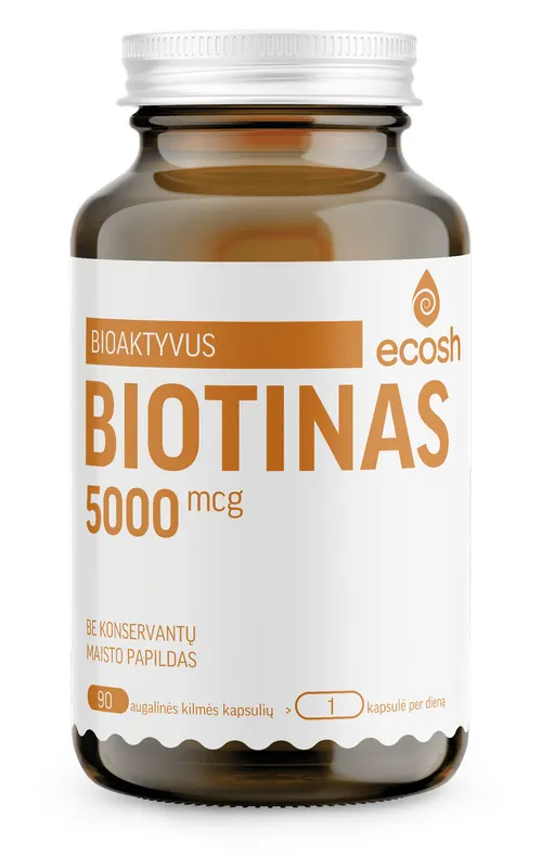 Produktas ECOSH bioaktyvus Biotinas 5000 µg kapsulės, 90 vnt. Paveikslėlis