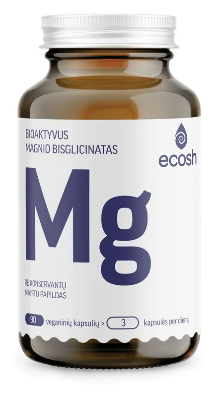 Produktas ECOSH bioaktyvus Magnis, bisglicinatas 90 mg, su vitaminu B6,  kapsulės, 90 vnt. Paveikslėlis